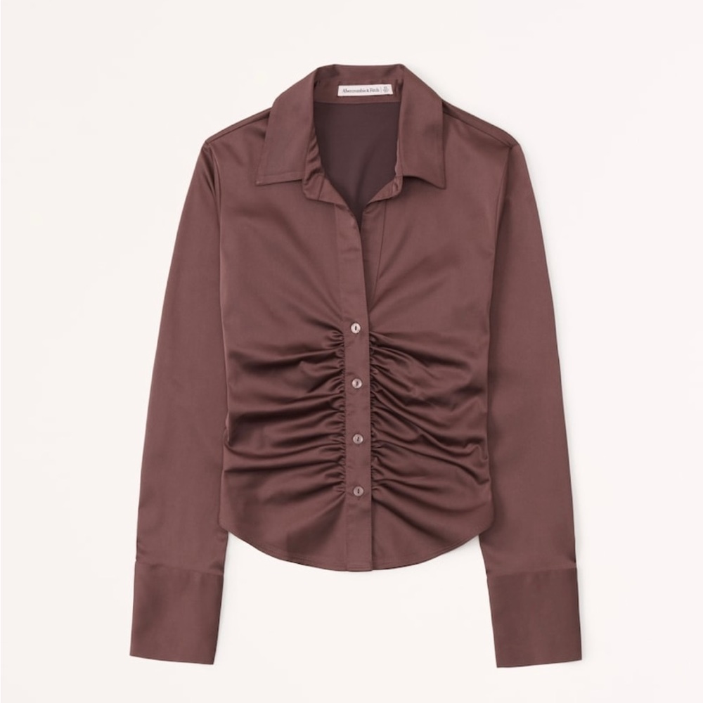 ABERCROMBIE Satin Ruched Long Sleeve Shirt